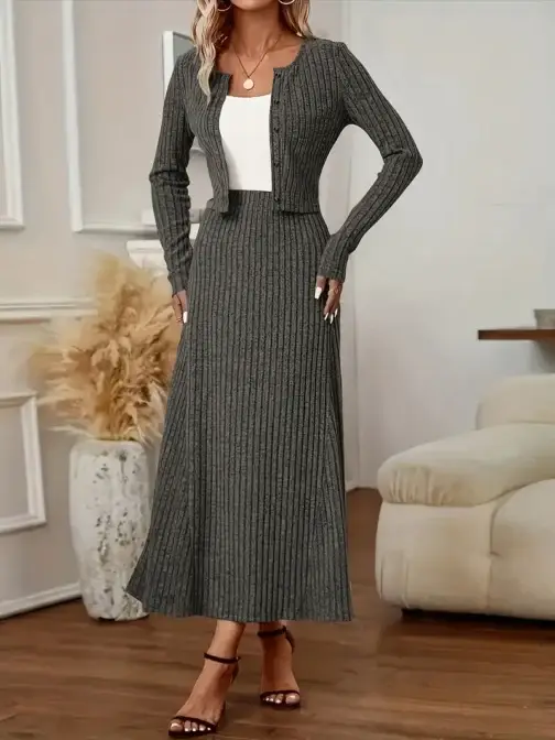 Conjunto Elegante De 2 Piezas Con Cuello Alto Y Mangas Largas - Talla M