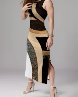 Vestido Midi A Rayas Sin Mangas Para Mujer - Talla L